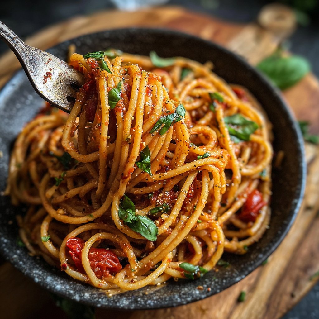 Spaghetti mit Tomaten und Basilikum