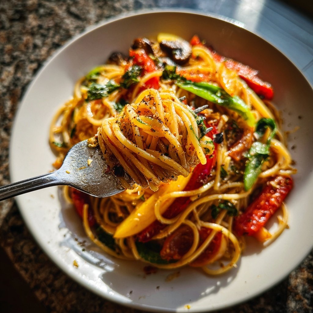 Mittagessen mit Nudeln und Gemüse